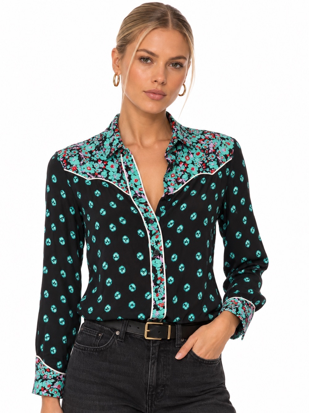 Floral Contrast Black and Teal Long-Sleeve Western Shirt